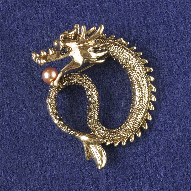 Dragon Brooch Pendant with Golden Bead, Golden Metal 40x34mm +