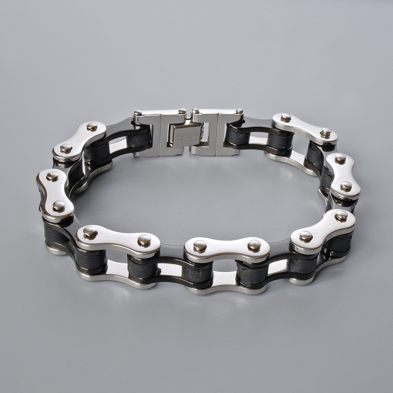 Silver-tone Chain Bracelet with Black Rubber, 13.5 mm thick, 21 cm length +