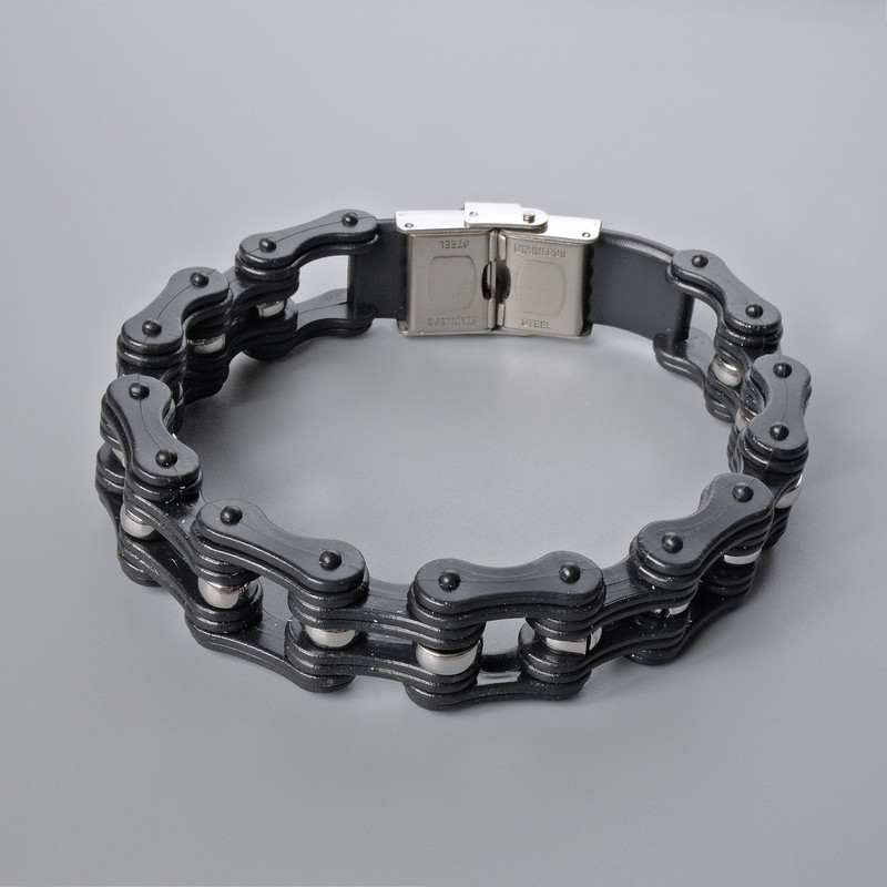 Chain-link bracelet in silver metal and black rubber, 16 mm thick, 23 cm long +