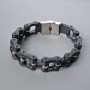 Chain-link bracelet in silver metal and black rubber, 16 mm thick, 23 cm long +