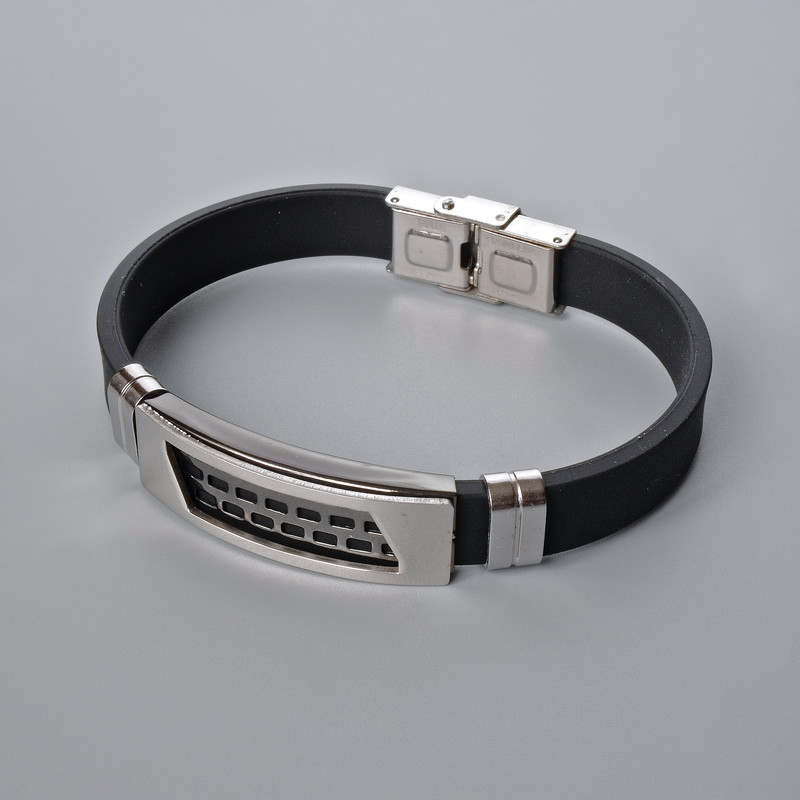 Men's bracelet with metal inlays, length 21 cm, thickness 10 mm±, inlay thickness 11.5 mm±, rubber