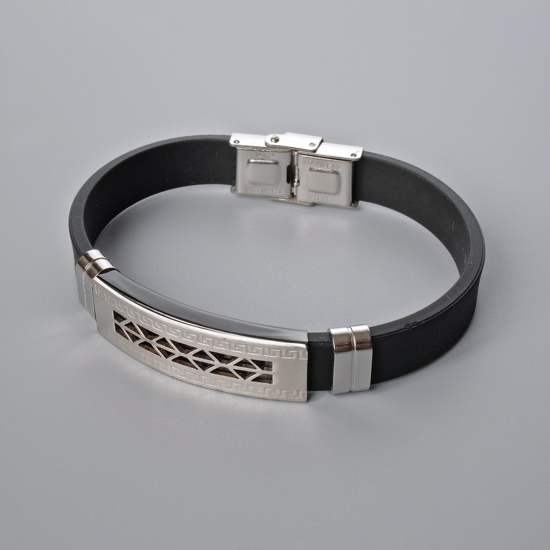 Men's bracelet with metal inlays, length 21 cm, thickness 10 mm ±, inlay thickness 11.5 mm ±, rubber