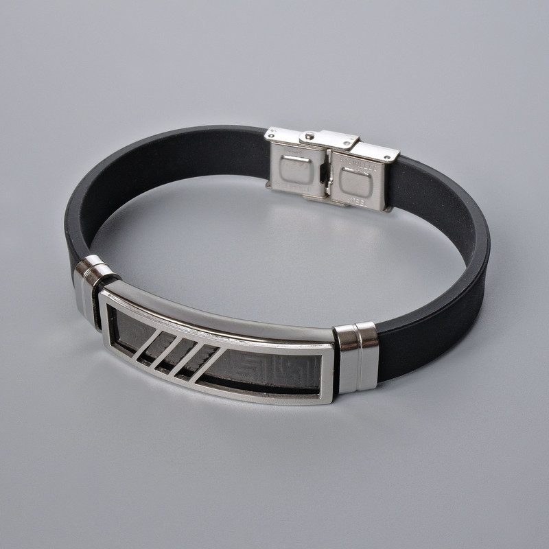 Men's bracelet with metal inserts, length 21 cm, width 10 mm+-, insert width 11 mm+-, rubber