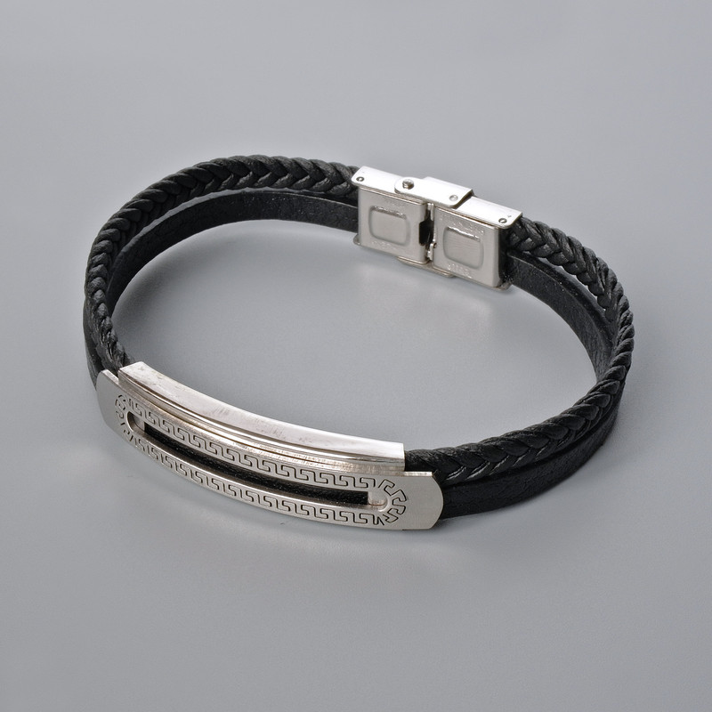 Men's bracelet with metal insets, length 21 cm, thickness 10 mm±, inset thickness 11.5 mm±, black eco-leather