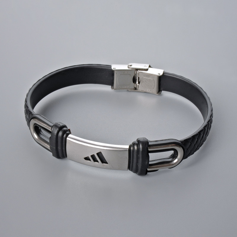 Men's bracelet with metal inlays, length 21cm, thickness 10.5mm±, inset thickness 11mm±, black faux leather
