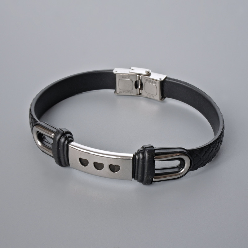 Men's bracelet with metal insets, length 21 cm, thickness 10 mm ±, inset thickness 11 mm ±, black faux leather