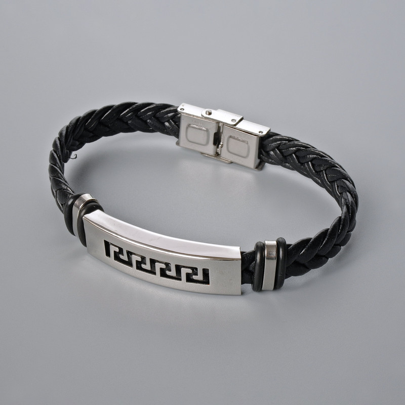 Men's bracelet with metallic insets, length 21 cm, thickness 9.5 mm ±, insert thickness 11 mm, black faux leather