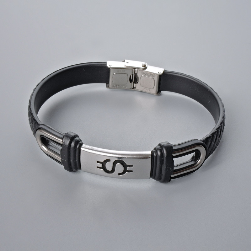 Men's bracelet with metal inlays, length 21cm, thickness 10.5mm±, inset thickness 11mm±, black faux leather