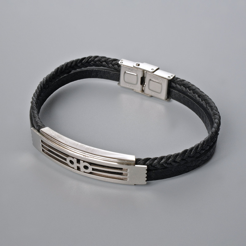 Men's bracelet with metal insets, length 21 cm, thickness 10 mm ±, inset thickness 12 mm ±, black faux leather