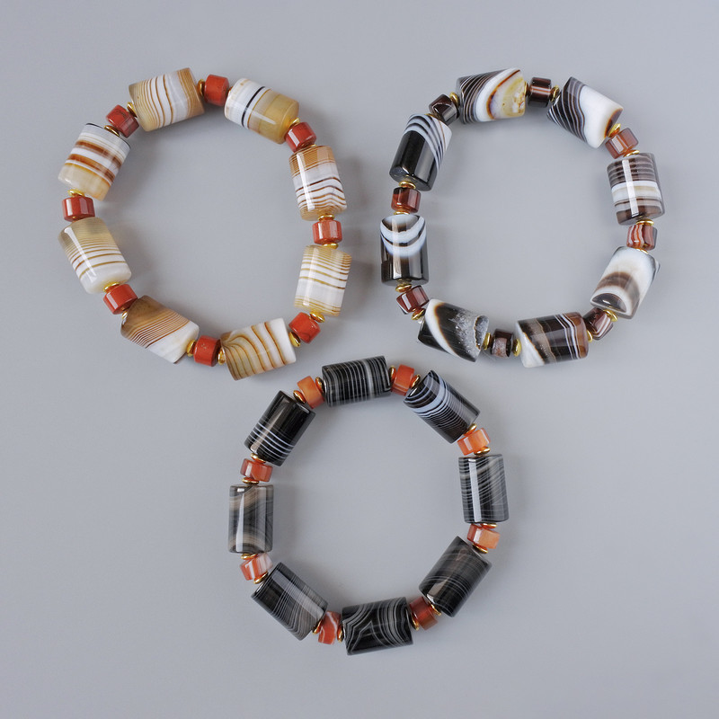 Brown Agate Bracelet, natural stone, cylindrical beads, diameter 13x17, 5mm, 8x4mm±, length 18cm± (stretch) with inserts