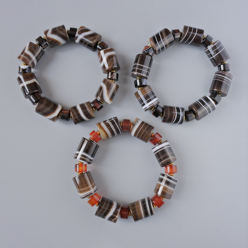 Brown Agate Bracelet, natural stone cylindrical beads, 15x18mm and 10x6mm+-, length 18cm+- (stretch) with inserts
