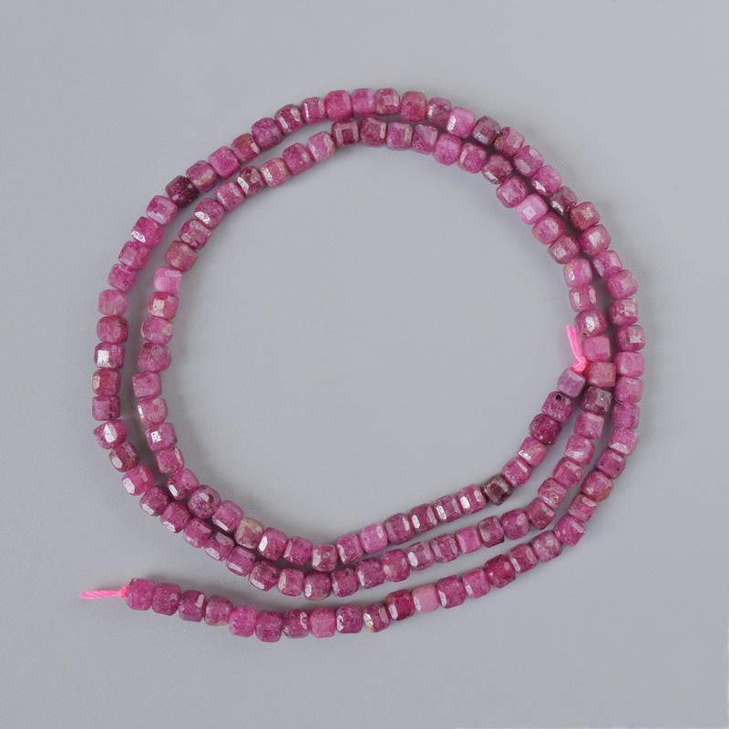 Ruby Beads natural gemstone faceted cube 3mm diameter, 39cm length on thread