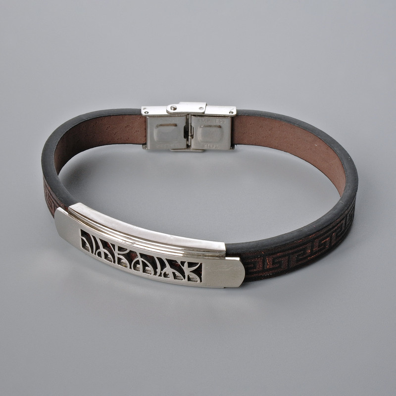 Men's bracelet with metal inlays, length 21 cm, thickness 10 mm±, inlay thickness 12 mm±, brown eco-leather