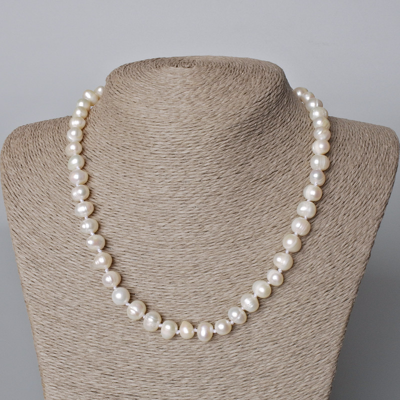Necklace of River Pearls with Relief, diameter 8×7.5 mm, 5 mm±, length 45–46 cm±