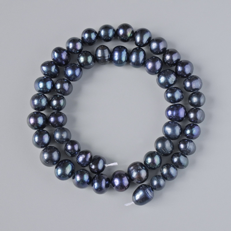 Black Freshwater Pearls on Thread, 8.5×7 mm±, length 35 cm±