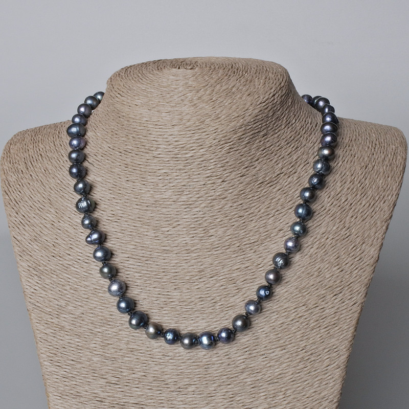 Clearance Necklace of Black Freshwater Pearls with Petrol-Benzine Tone, 8x7mm ±, length 44-45cm ±