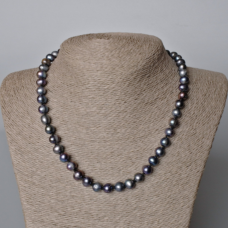 Necklace of Black Freshwater Pearls with a Petrol (gasoline) Hue, 9x8 mm ±, length 45-46 cm ±
