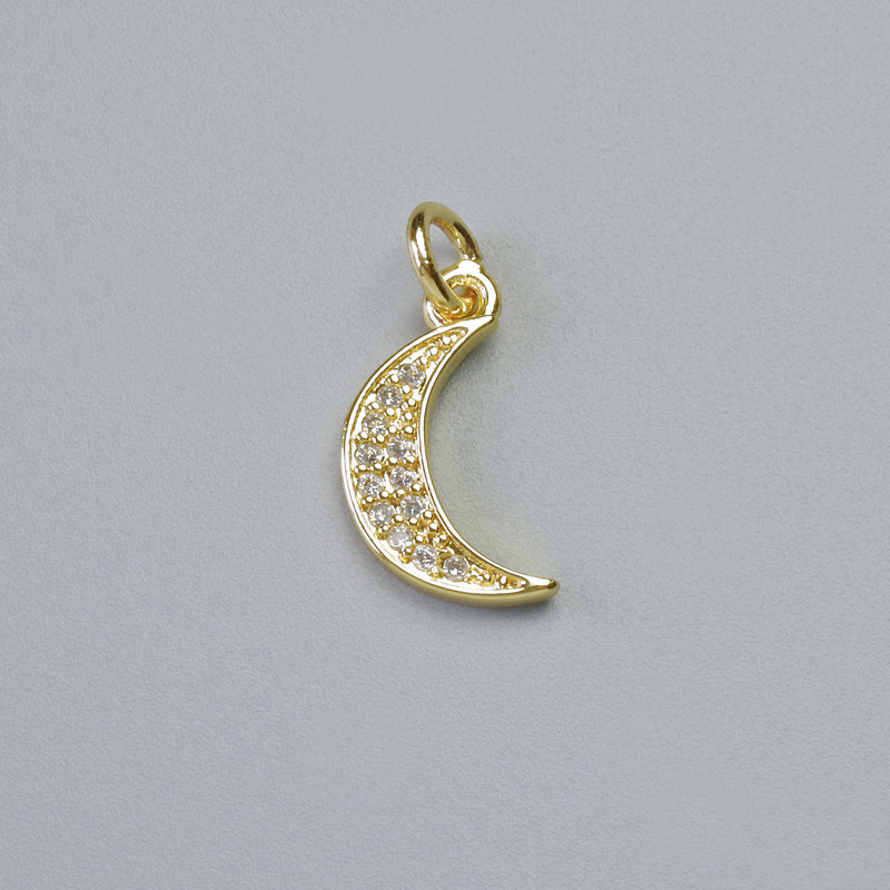 Pendant "Moon" with white crystals, gold-tone metal, diameter 14.5×8mm±, length 17mm±