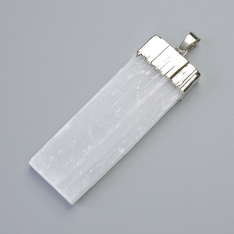 Pendant of Unpolished Selenite, Silvery Metal Finish, diameter 61×22×6, 5mm±, length 73mm±