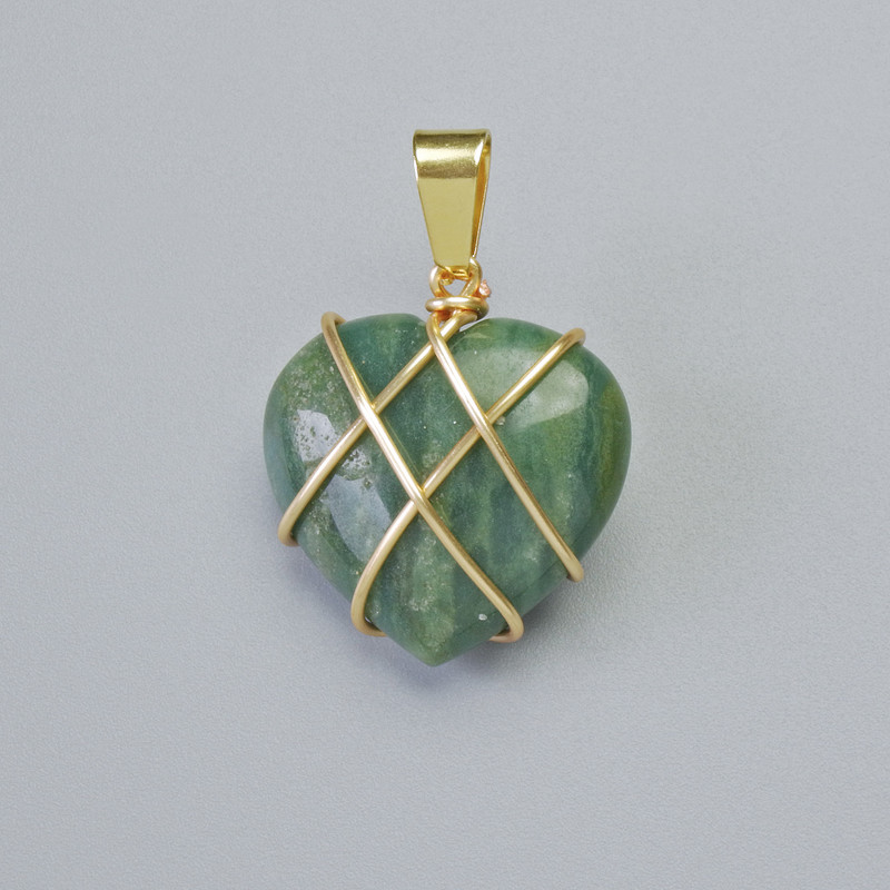 Pendant "Heart" Moss Agate in Golden Wire Wrap, diameter 20x20mm±, length 30mm±