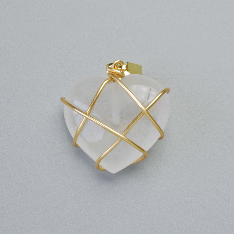 Pendant "Heart" Rock Crystal in golden wire wrap, diameter 20x20mm±, length 30mm±