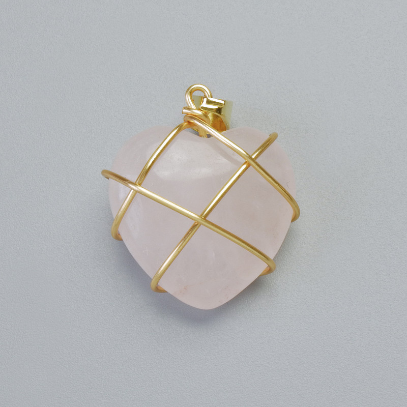 Pendant "Heart" Pink Quartz in Golden Wire Wrap, diameter 20x20mm±, length 30mm±