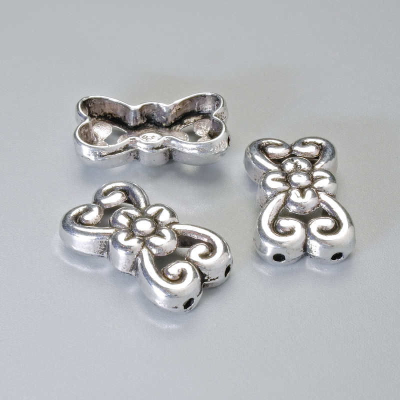 Bead-end insert for 2 threads, diameter 18.5×11 mm ±, hole, metal color: silver, 4 pcs