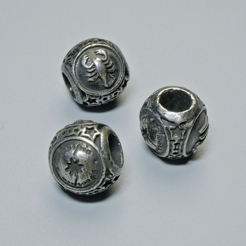 Bead Insert Charm Zodiac Sign Scorpio, diameter 9x10mm +-, hole diameter 4.3mm, metal color: dark silver, 1 piece