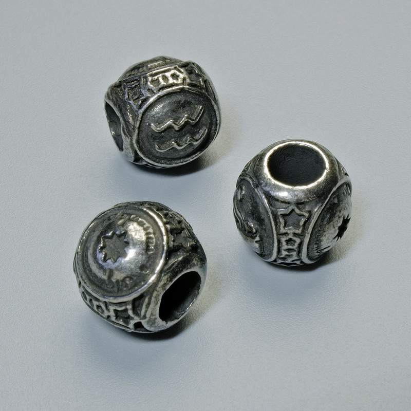 Bead Inlay Pendant Aquarius, diameter 9x10mm±, hole diameter 4.3mm, dark-silver metal color, 1 pc