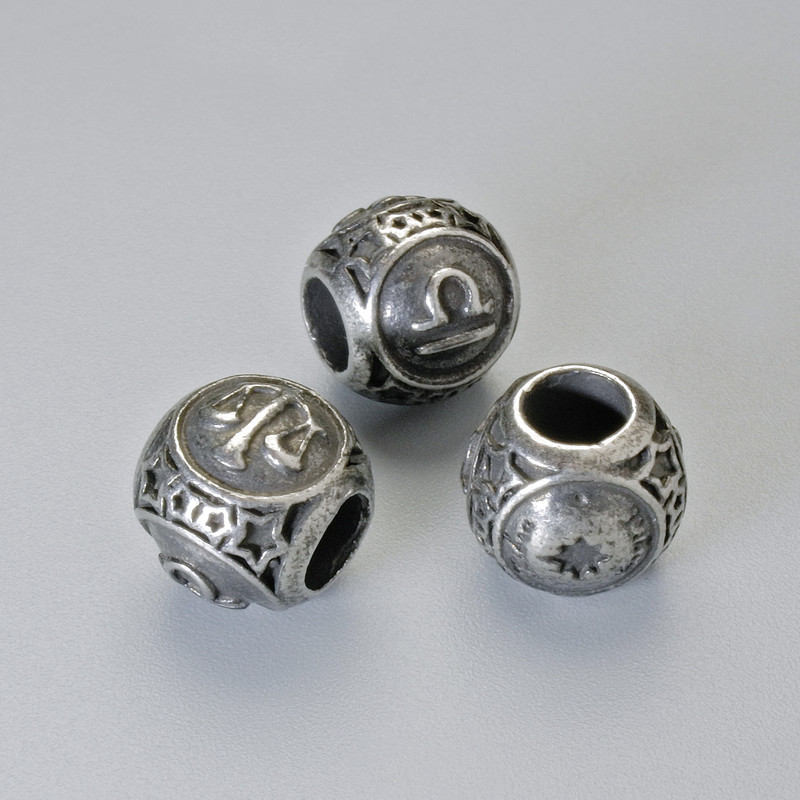 Bead Inlay Findings Zodiac Sign Libra, diameter 9×10mm±, hole diameter 4.3mm, dark-silver metal