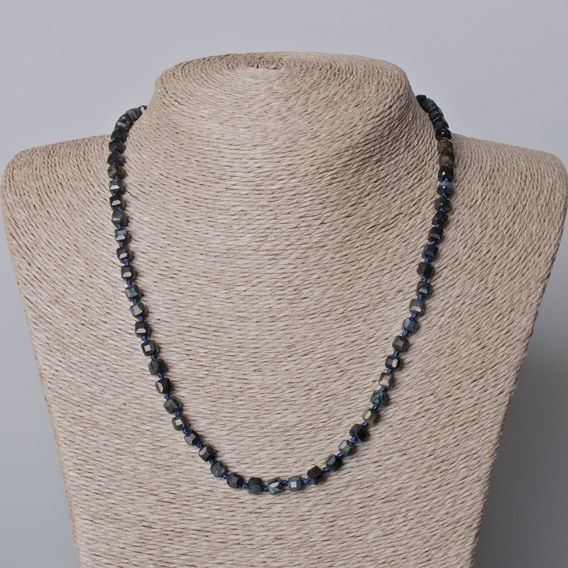 Hawk's Eye Necklace with Faceted Cubes, 5mm diameter, length 45-49 cm