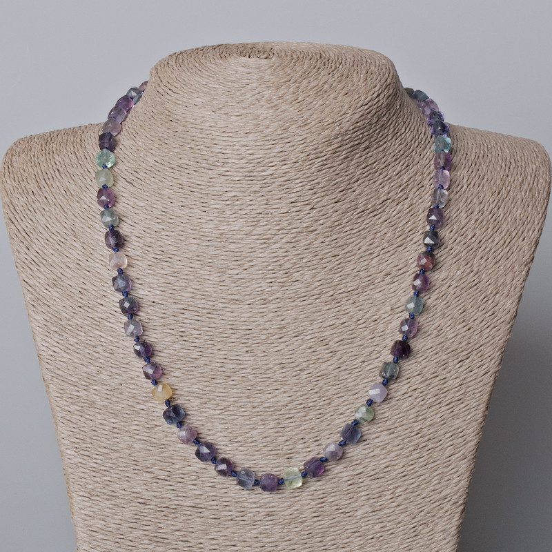 Fluorite Necklace Natural Stone, Faceted Cube Beads, 6mm diameter, 45-49cm length