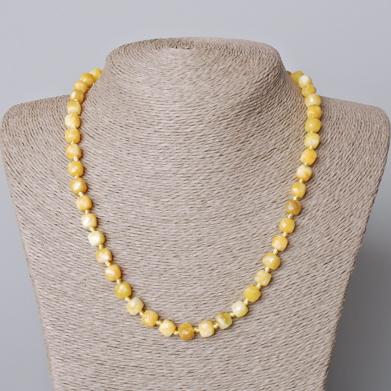 Necklace Yellow Jadeite natural stone faceted cube, diameter 7mm±, length 45-49cm±