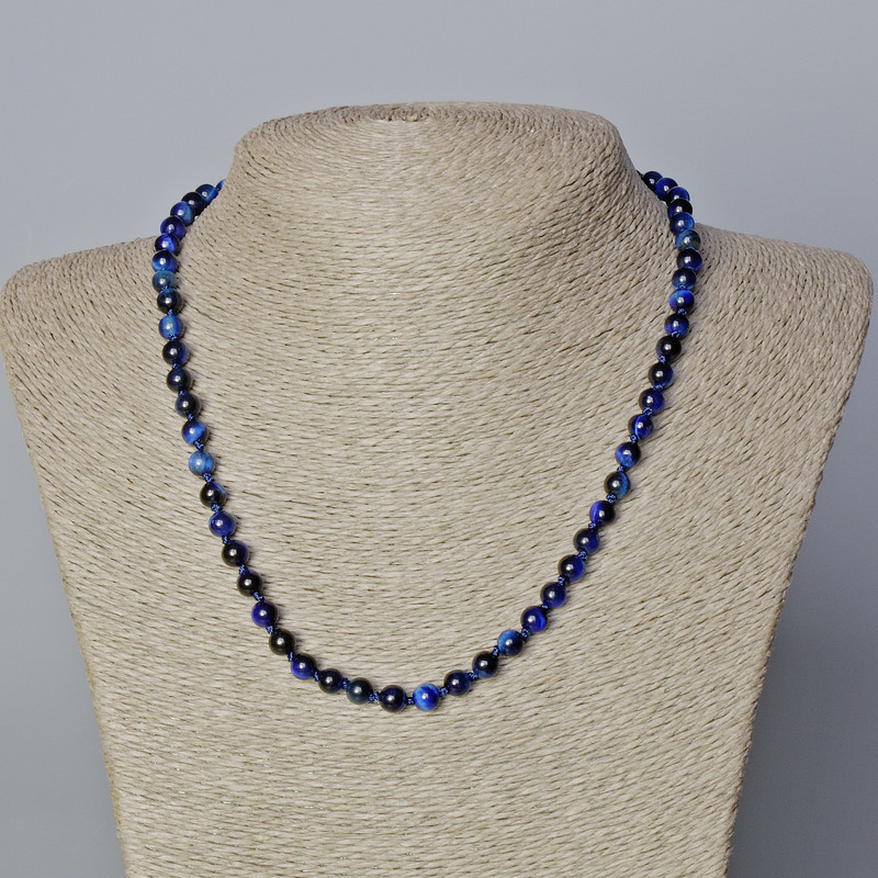 Necklace Blue Cat's Eye Natural Stone Smooth Bead, diameter 6mm±, length 45-48cm±