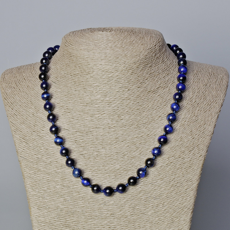 Necklace Blue Cat's Eye Natural Stone Smooth Bead, diameter 8.5mm±, length 45-48cm±