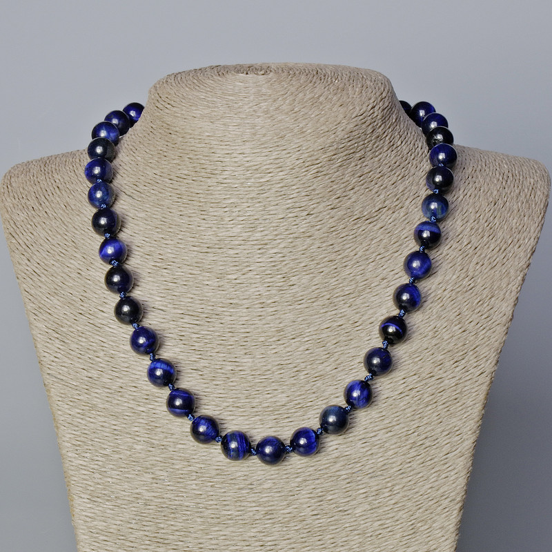Blue Cat's Eye Necklace Natural Stone Smooth Bead, 10mm diameter, length 45-48cm