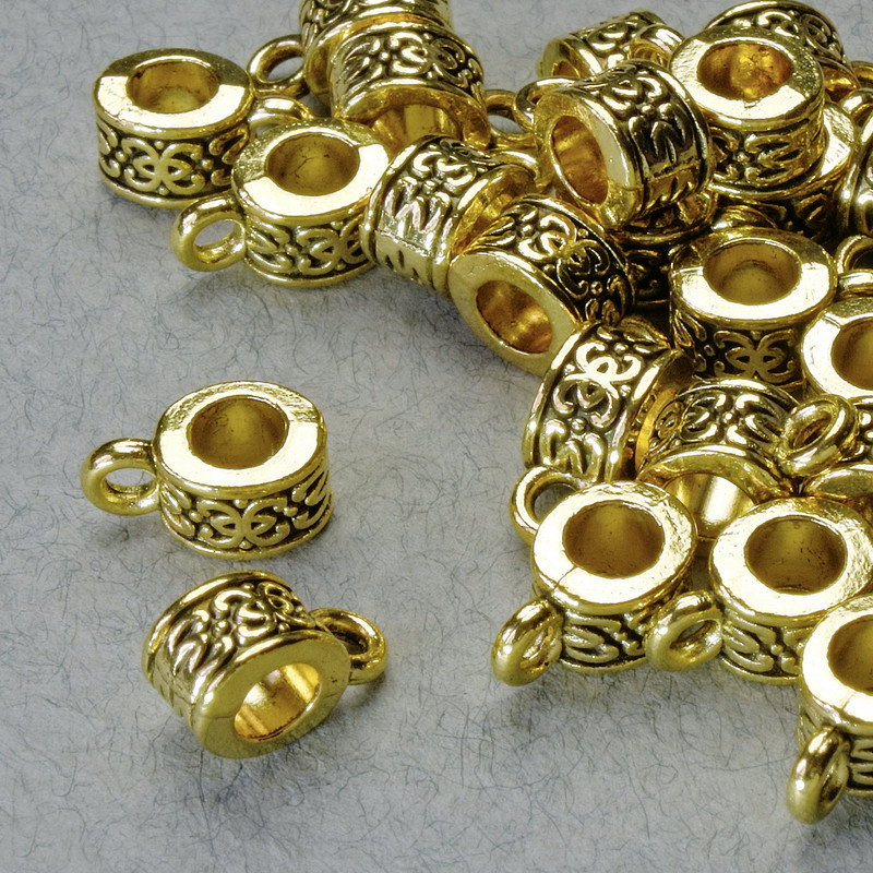 Bezel Bail Holder, diameter 6×5mm, hole diameter 1.8mm and 3.7mm, length 10mm, golden metal color, pack of 30 pcs ±, 20g