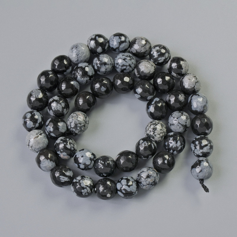 Snowy Obsidian Apache Tears Beads, natural stone, faceted round bead, 8mm diameter ±, thread length 38cm ±