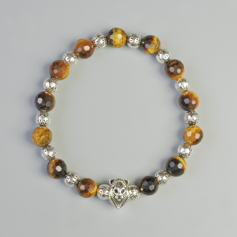 Tiger Eye Bead Bracelet - natural stone faceted sphere, diameter 8mm±, stretch fit, length 18cm± with metal inlays