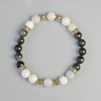 Bracelet, Silvery Obsidian and Jadeite, colored, 8mm diameter ± (elastic), length 18cm ± with metal inserts