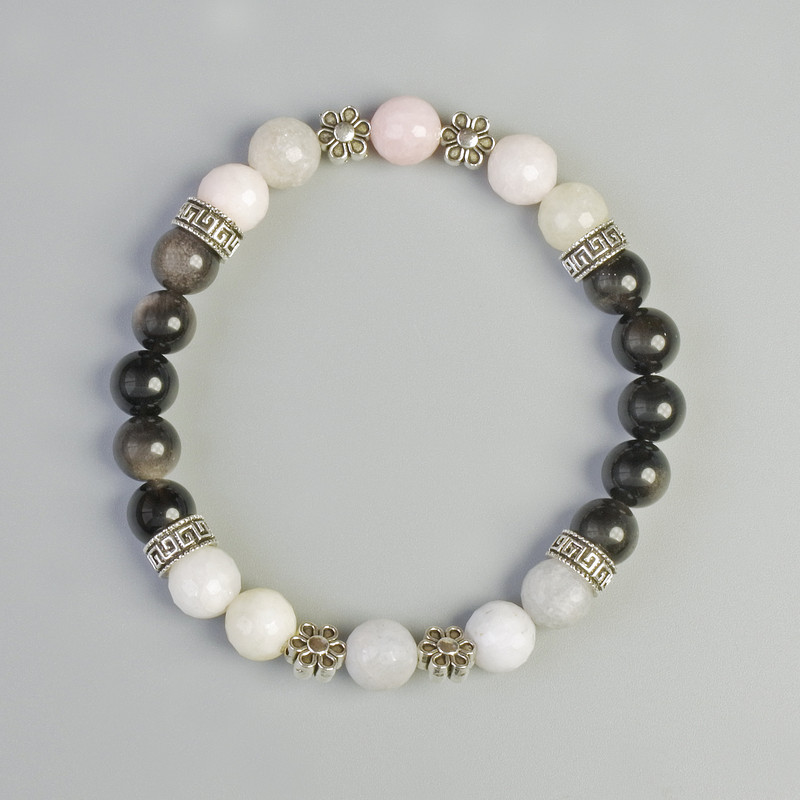 Bracelet, Silvery Obsidian and Jadeite, colored, 8mm diameter ± (elastic), length 18cm ± with metal inserts