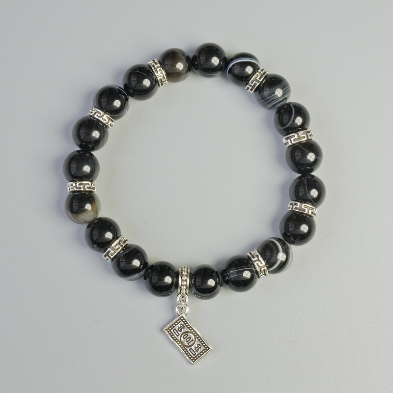 Agate Bracelet, black natural stone, smooth round beads, diameter 10mm±, stretchy, length 18cm± with metal inserts