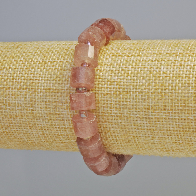 Strawberry Quartz Bracelet Natural Stone Bead Cut Disc, diameter 11×7mm±, (stretch) length 18cm± with beads