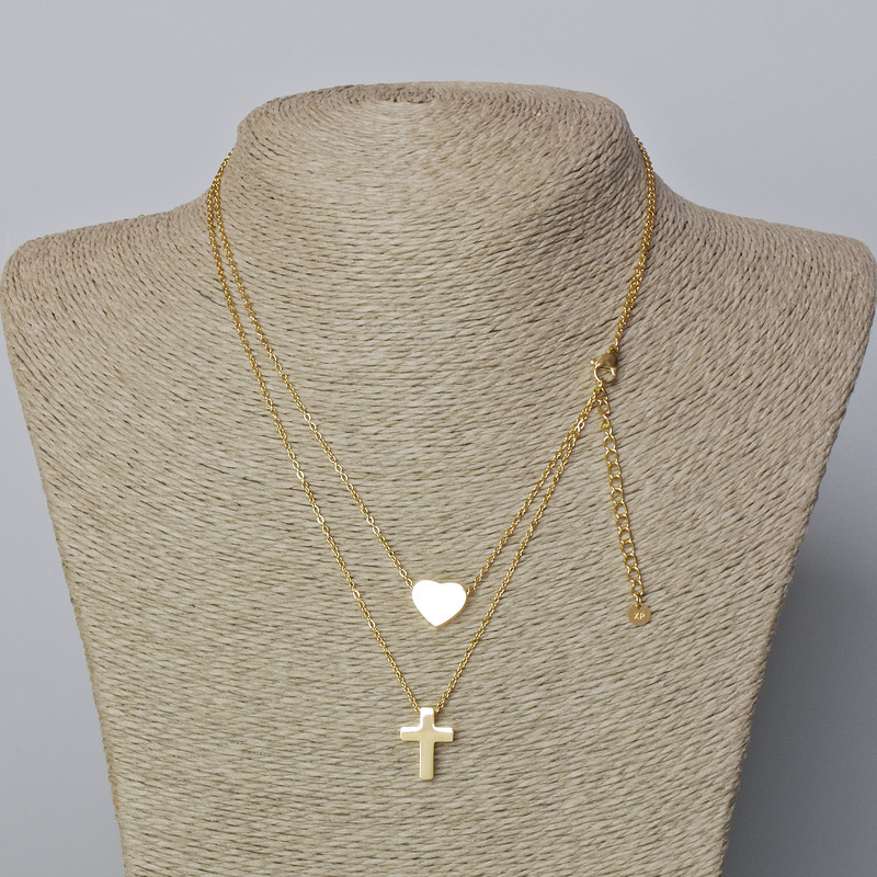 Xuping Chain with Pendant Gold Plated Lemon Finish, 1.4 mm thick, with "Heart and Cross" pendant, pendant sizes 10x12 mm and 15x11 mm, length 39-44 cm