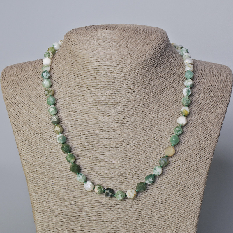 Moho Moss Agate necklace with natural stone, faceted bead, 7.5 mm diameter, length 45-50 cm