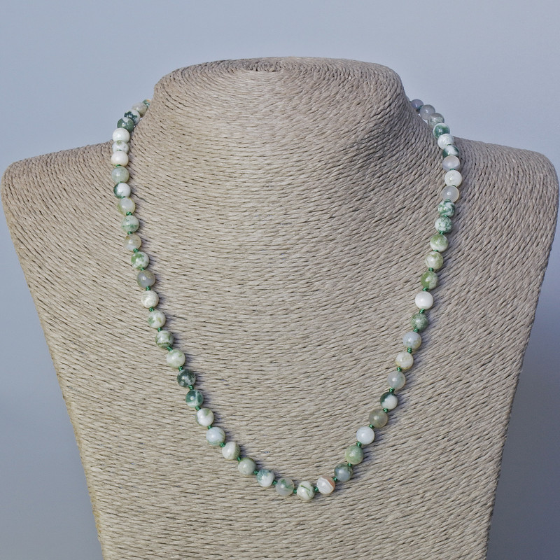 Moss Agate Necklace natural stone smooth bead, 6mm diameter, length 45-49cm