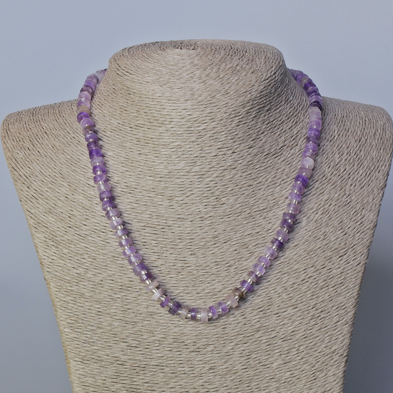 Amethyst Necklace, natural stone disc with seed beads, diameter 6.5×3 mm ±, length 45-47 cm ±