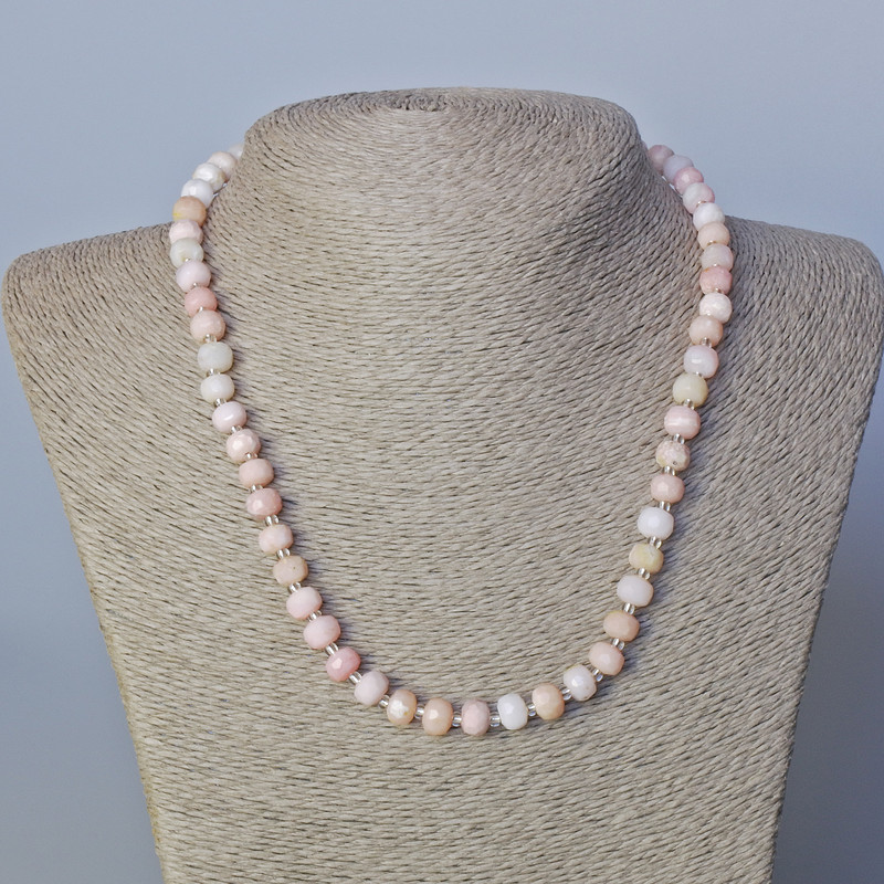 Necklace of Pink Opal, Natural Cut Rondelle Stone with Beads, 7.5×6 mm, length 45-47 cm