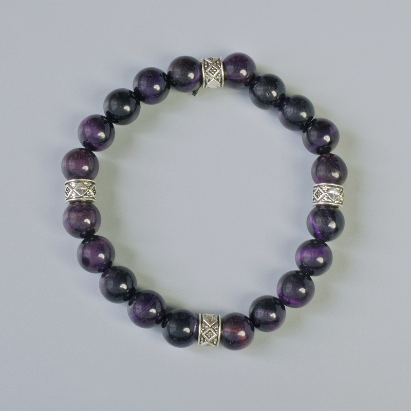 Bracelet Purple Cat's Eye Natural Stone Smooth Bead, diameter 8.5mm± (stretch), length 18cm± with metal inserts