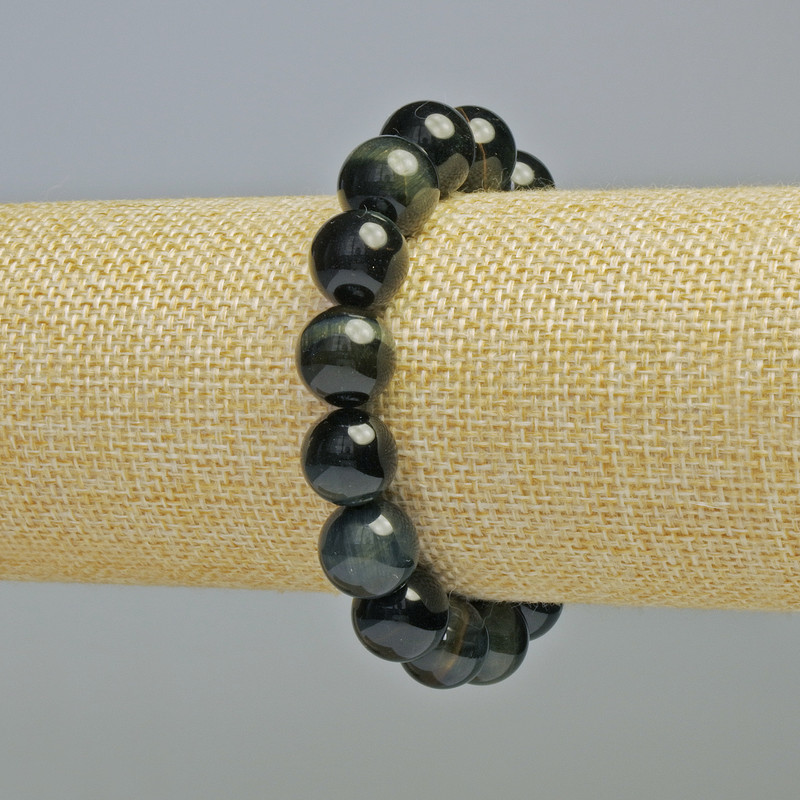 Bracelet Hawk's Eye natural stone smooth bead, diameter 12mm± (stretch), length 18cm+